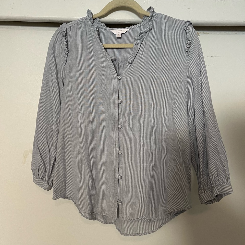 Lauren Conrad, blue and white striped longsleeve button up blouse, size small